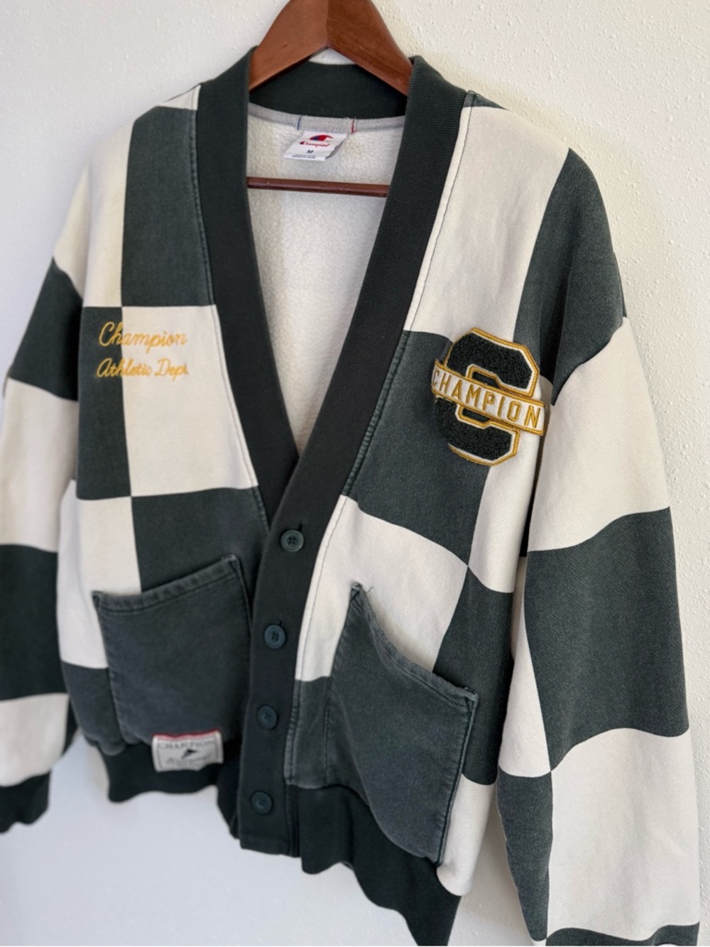 Champion Checkerboard Varsity Cardigan Sweater Jacket Medium Streetwear - Picture 2 of 8
